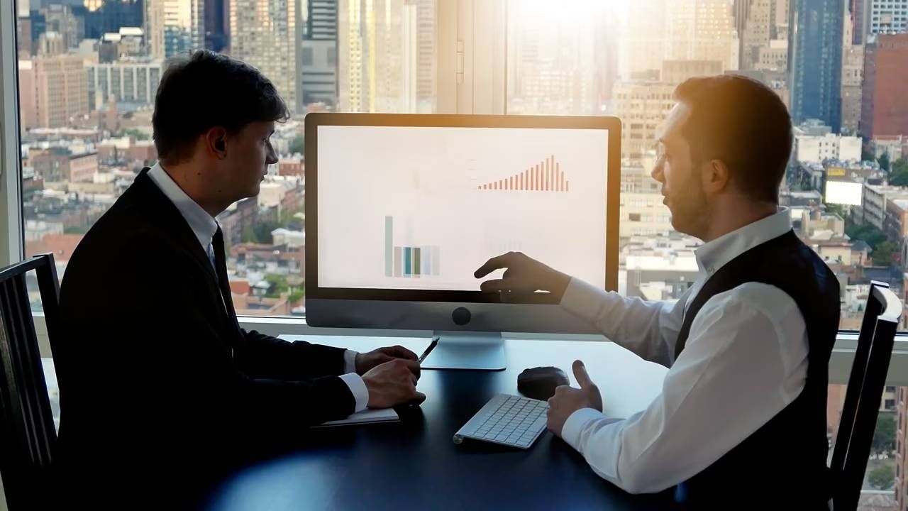 Business consultants discussing data